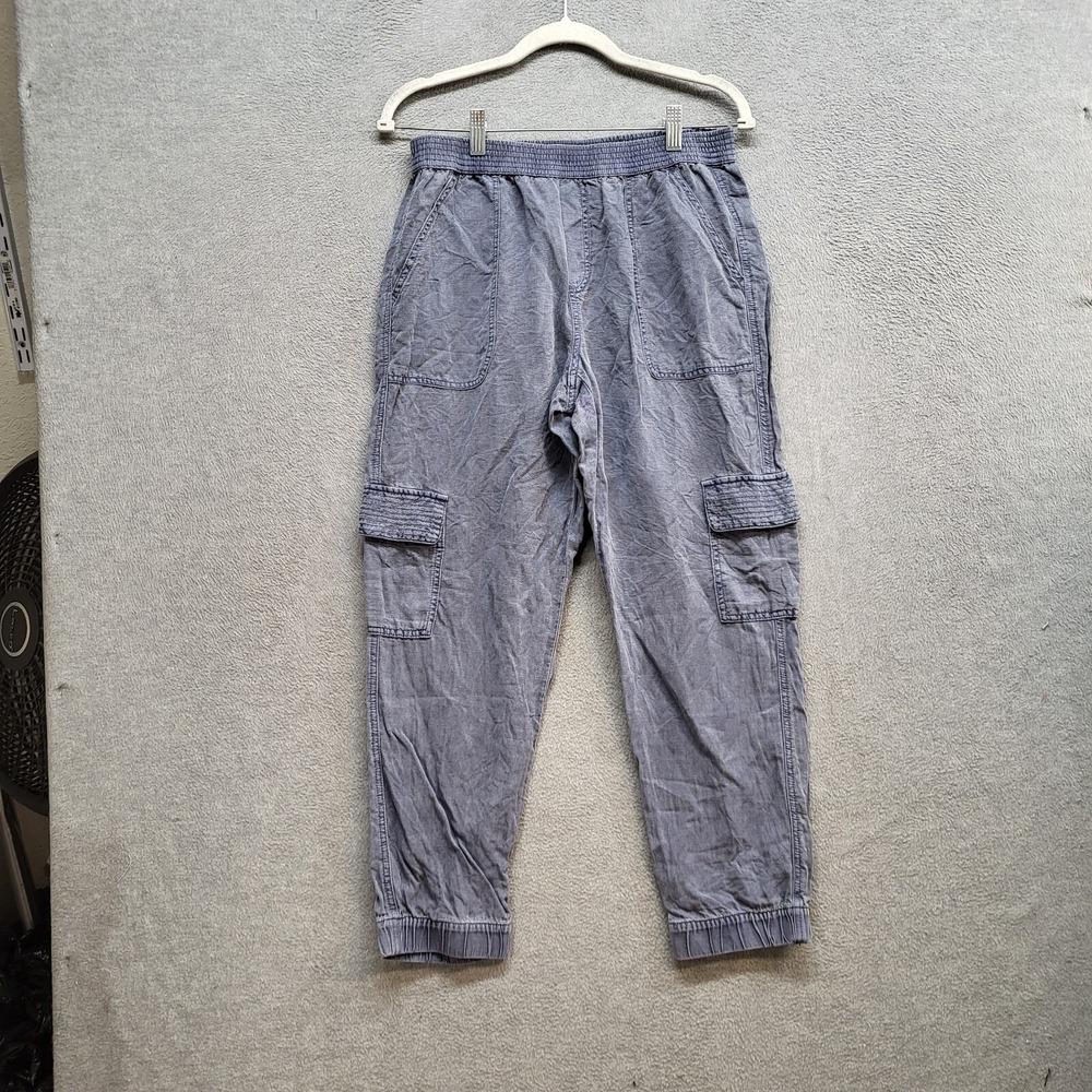 Cynthia Rowley Women Cargo Pants Medium Blue Linen Lyocell Elastic Waist 28"‎